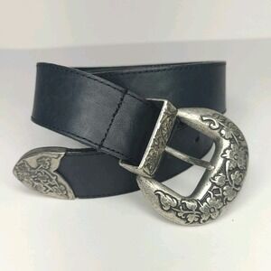Express Faux Leather Belt Womens Black Western Floral Engraved Buckle Boho Small